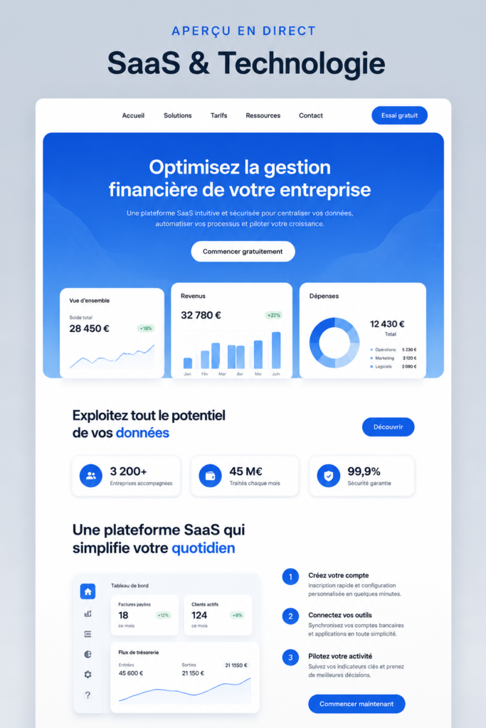 Exemple de design moderne pour une page d'accueil SaaS avec des éléments visuels attrayants.
