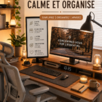 Espace de travail calme et organisé avec bureau épuré et plantes décoratives