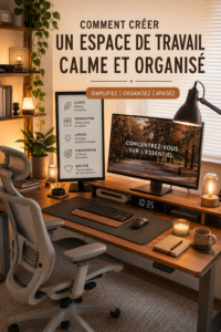 Espace de travail calme et organisé avec bureau épuré et plantes décoratives