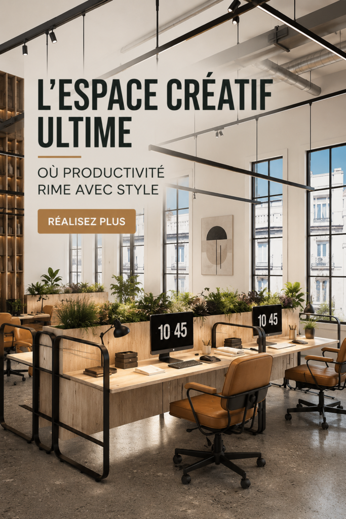 Bureau moderne et créatif avec plantes et décoration inspirante, favorisant la productivité.