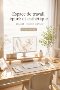 Un bureau minimaliste et bien organisé dans des tons apaisants