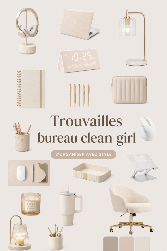 Un bureau clean avec des accessoires de décoration minimalistes et des plantes vertes.