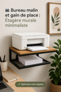 Étagère murale moderne pour imprimante dans un bureau minimaliste.