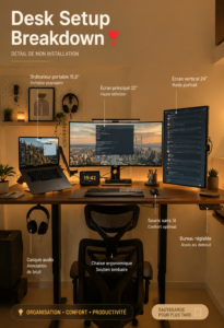 Bureau bien aménagé avec des éléments décoratifs et ergonomiques