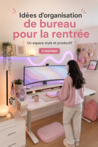 Bureau organisé avec des accessoires de rangement pratiques et esthétiques.