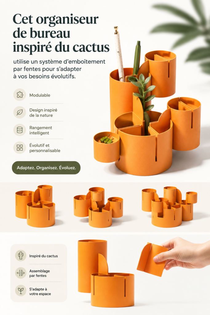 Organiseur de bureau inspiré d'un cactus avec des fournitures de bureau à l'intérieur