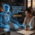 Femme utilisant un ordinateur avec des outils d'intelligence artificielle pour stimuler la créativité.
