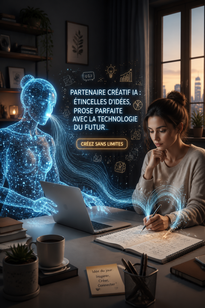 Femme utilisant un ordinateur avec des outils d'intelligence artificielle pour stimuler la créativité.