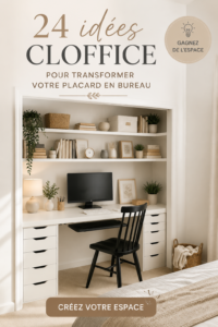 Un placard aménagé en bureau fonctionnel avec étagères et espace de travail.