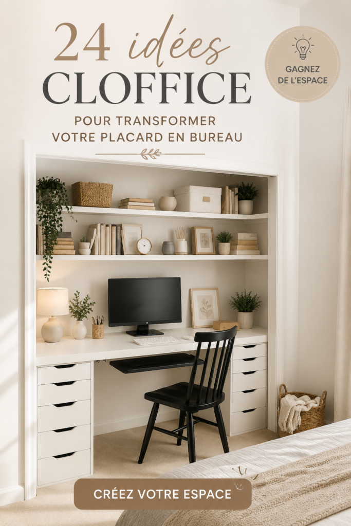Un placard aménagé en bureau fonctionnel avec étagères et espace de travail.