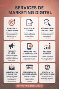 Illustration d'une femme utilisant un ordinateur pour des stratégies de marketing digital.
