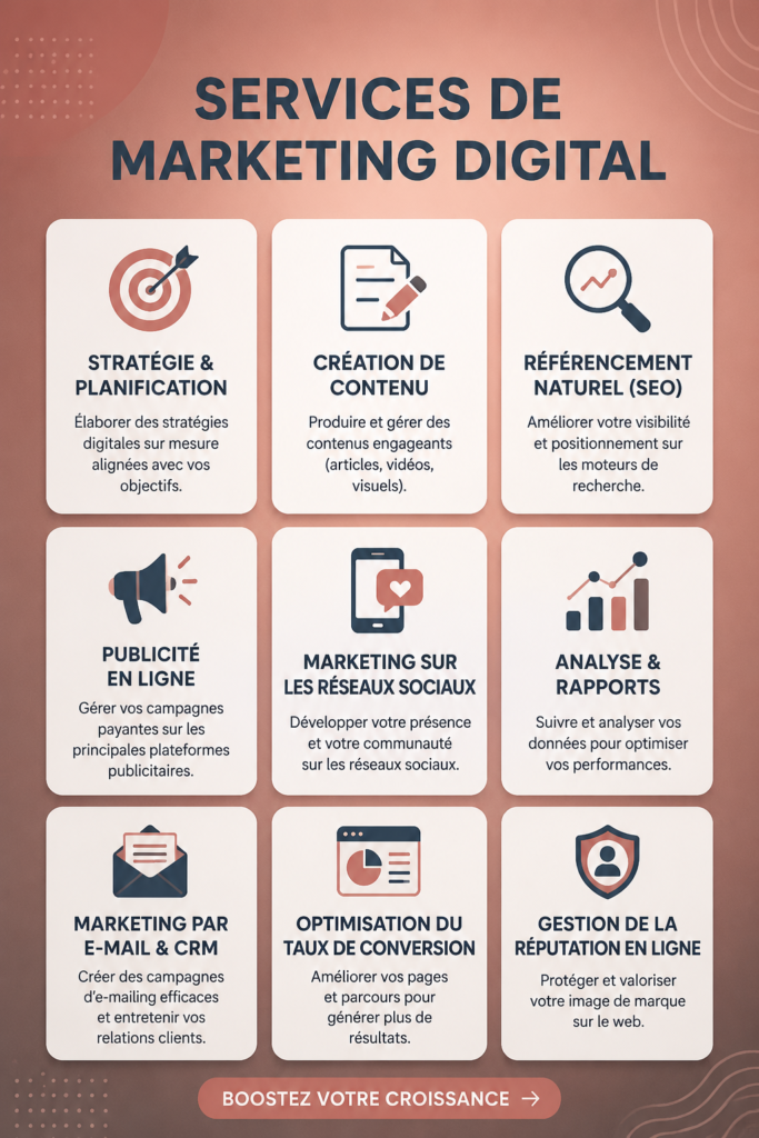 Illustration d'une femme utilisant un ordinateur pour des stratégies de marketing digital.