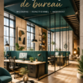 Visualisation d'un bureau moderne et chaleureux en ambiance naturelle.