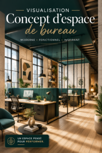 Visualisation d'un bureau moderne et chaleureux en ambiance naturelle.