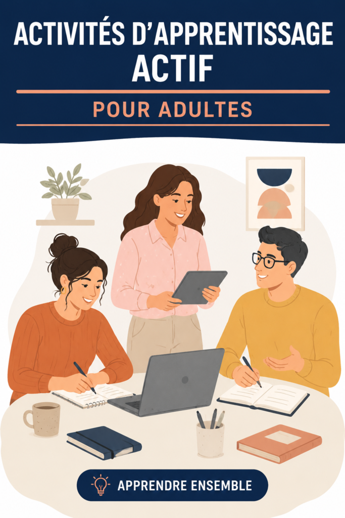 Un groupe d'adultes participent à une activité d'apprentissage actif, échangeant des idées et collaborant ensemble.