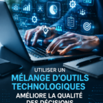 Femme utilisant un ordinateur pour prendre des décisions informées, entourée d'outils technologiques.