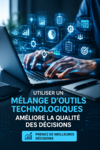 Femme utilisant un ordinateur pour prendre des décisions informées, entourée d'outils technologiques.