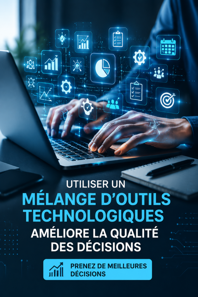 Femme utilisant un ordinateur pour prendre des décisions informées, entourée d'outils technologiques.