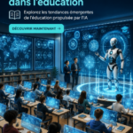 Futuriste image d'une salle de classe moderne intégrant l'intelligence artificielle dans l'éducation.