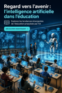 Futuriste image d'une salle de classe moderne intégrant l'intelligence artificielle dans l'éducation.