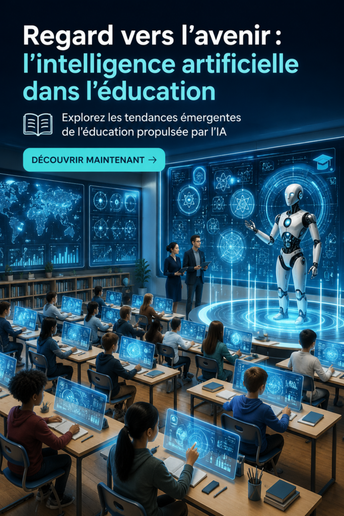 Futuriste image d'une salle de classe moderne intégrant l'intelligence artificielle dans l'éducation.