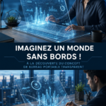 Bureau d'ordinateur transparent moderne dans un environnement lumineux.