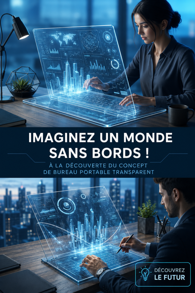 Bureau d'ordinateur transparent moderne dans un environnement lumineux.