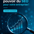 Image représentant des éléments de SEO pour les entreprises avec un ordinateur et des graphiques.