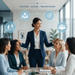 Une femme souriante partageant ses conseils sur le leadership avec un groupe de jeunes adultes.