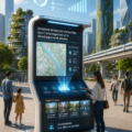 Un kiosque intelligent moderne dans une ville animée, offrant des services et des informations aux passants.