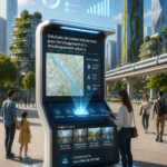 Un kiosque intelligent moderne dans une ville animée, offrant des services et des informations aux passants.