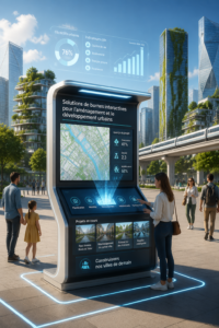 Un kiosque intelligent moderne dans une ville animée, offrant des services et des informations aux passants.