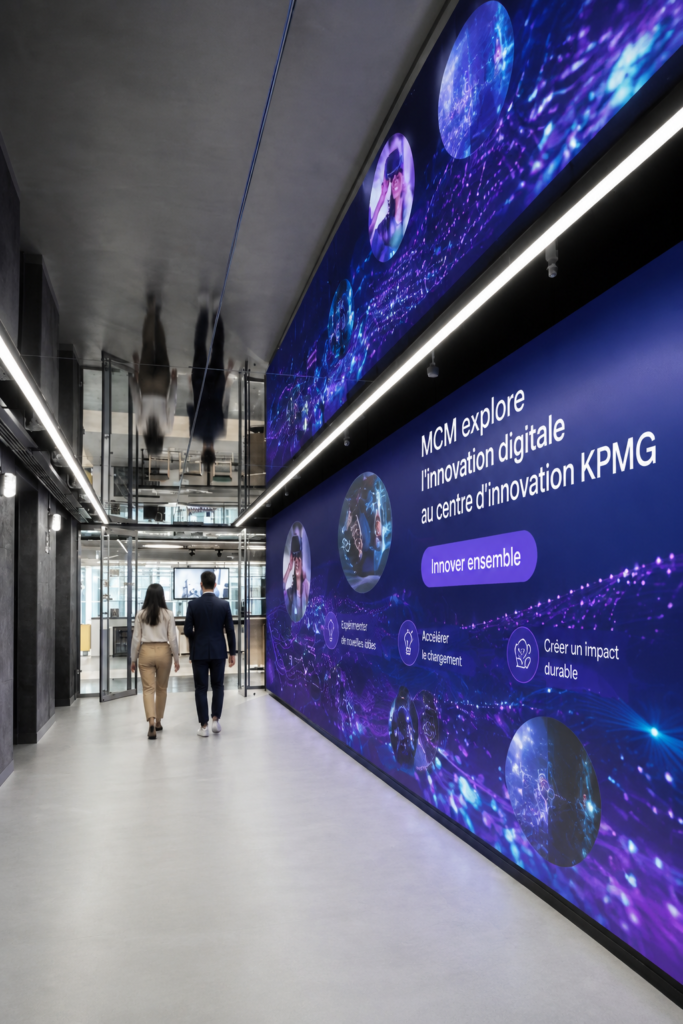 Vue du KPMG Ignition Centre avec des logos MCM, symbolisant l'innovation numérique.