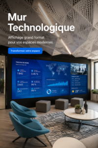Un mur technique moderne dans un bureau bien organisé, alliant esthétique et fonctionnalité.