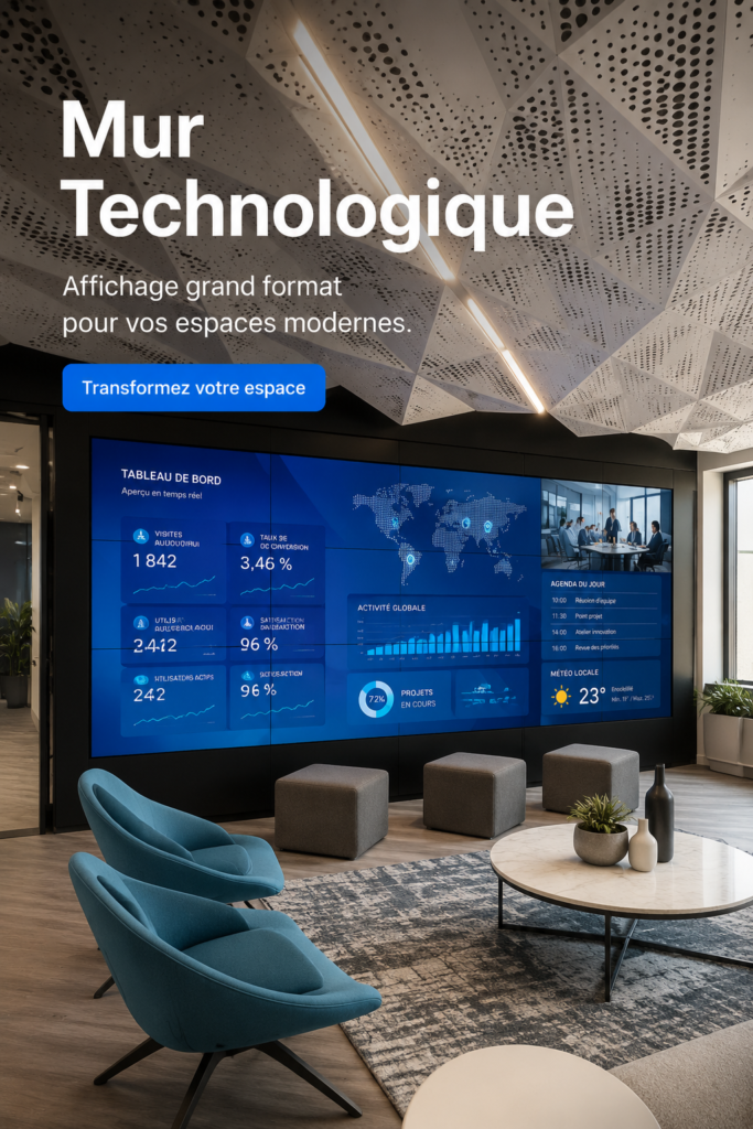 Un mur technique moderne dans un bureau bien organisé, alliant esthétique et fonctionnalité.