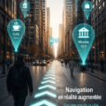Navigation en réalité augmentée sur un smartphone dans une rue urbaine.