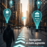Navigation en réalité augmentée sur un smartphone dans une rue urbaine.