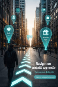 Navigation en réalité augmentée sur un smartphone dans une rue urbaine.