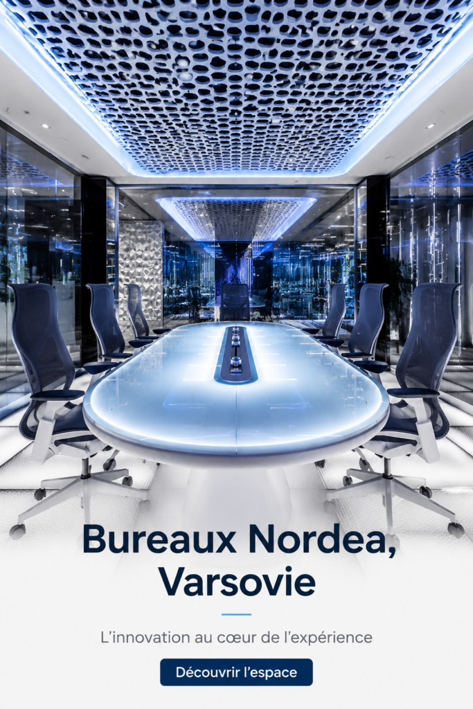 Intérieur du bureau Nordea à Varsovie, mettant en avant un design moderne et fonctionnel.