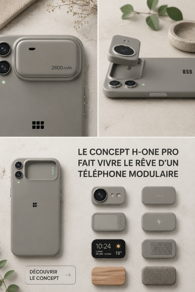 Image d'un téléphone modulaire avec plusieurs modules interchangeables, symbolisant l'innovation technologique.