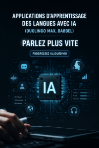 Femme utilisant une appli d'apprentissage des langues sur sa tablette, souriante et engagée.
