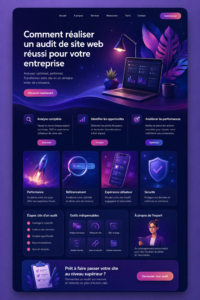 Femme analysant les résultats d'un audit de site web sur son ordinateur