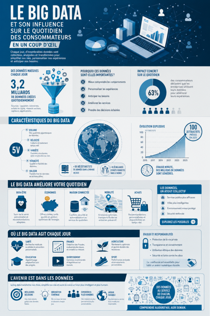 Une illustration du big data avec des graphiques en arrière-plan et une femme réfléchissant aux choix influencés par les données.