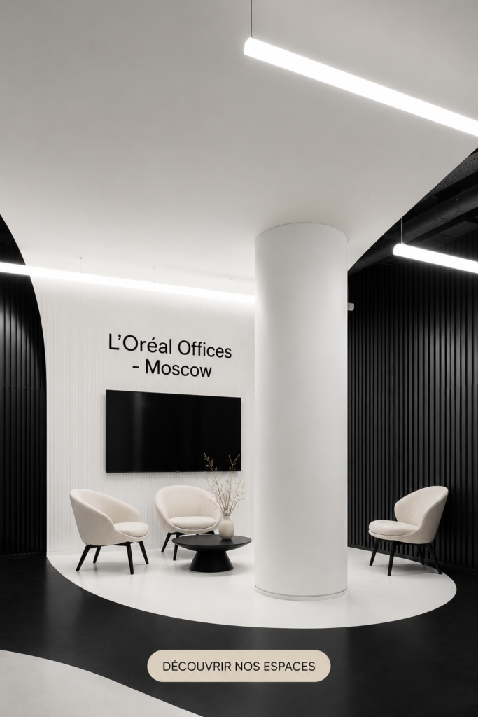 Vue des bureaux modernes de L'Oréal à Moscou, caractérisés par leur design innovant et chaleureux.