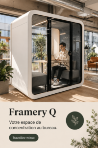 Cabine acoustique Framery Q dans un bureau moderne, favorisant la concentration des utilisateurs.