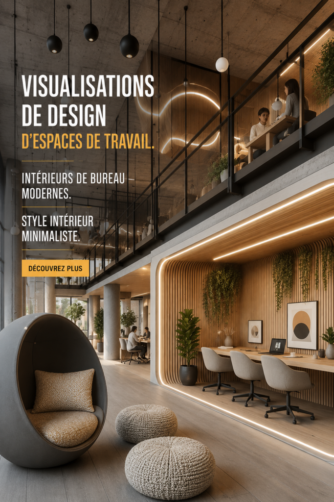 Un design de bureau moderne et minimaliste avec des couleurs apaisantes et un mobilier fonctionnel.