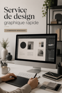 Une femme utilisant un service de design graphique rapide sur son ordinateur