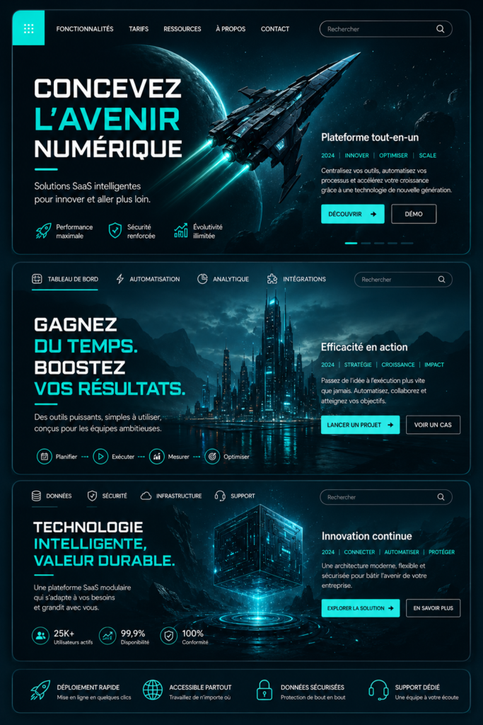 Interface SaaS moderne avec design futuriste et éléments interactifs