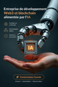 Illustration d'une technologie blockchain intégrée avec l'intelligence artificielle, représentant l'avenir du développement.