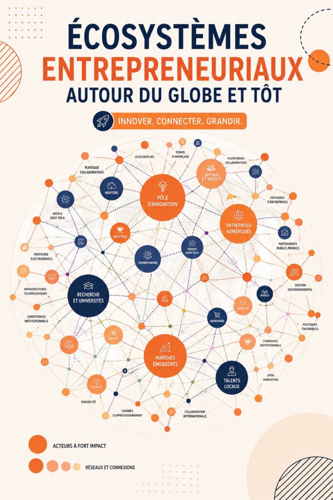 Illustration d'un écosystème entrepreneurial dynamique avec des startups en croissance.